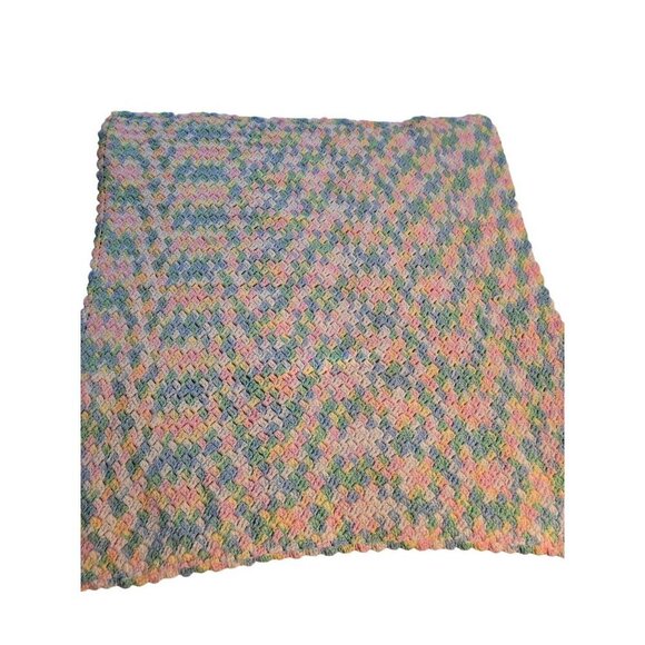 Vintage Handmade Spring Pastel Pink Blue Crochet Throw Blanket - Picture 1 of 8